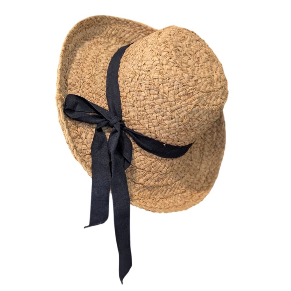 Vintage L.L. Bean Navy Bow Straw Raffia Vacation Sun Hat - Picture 2 of 6